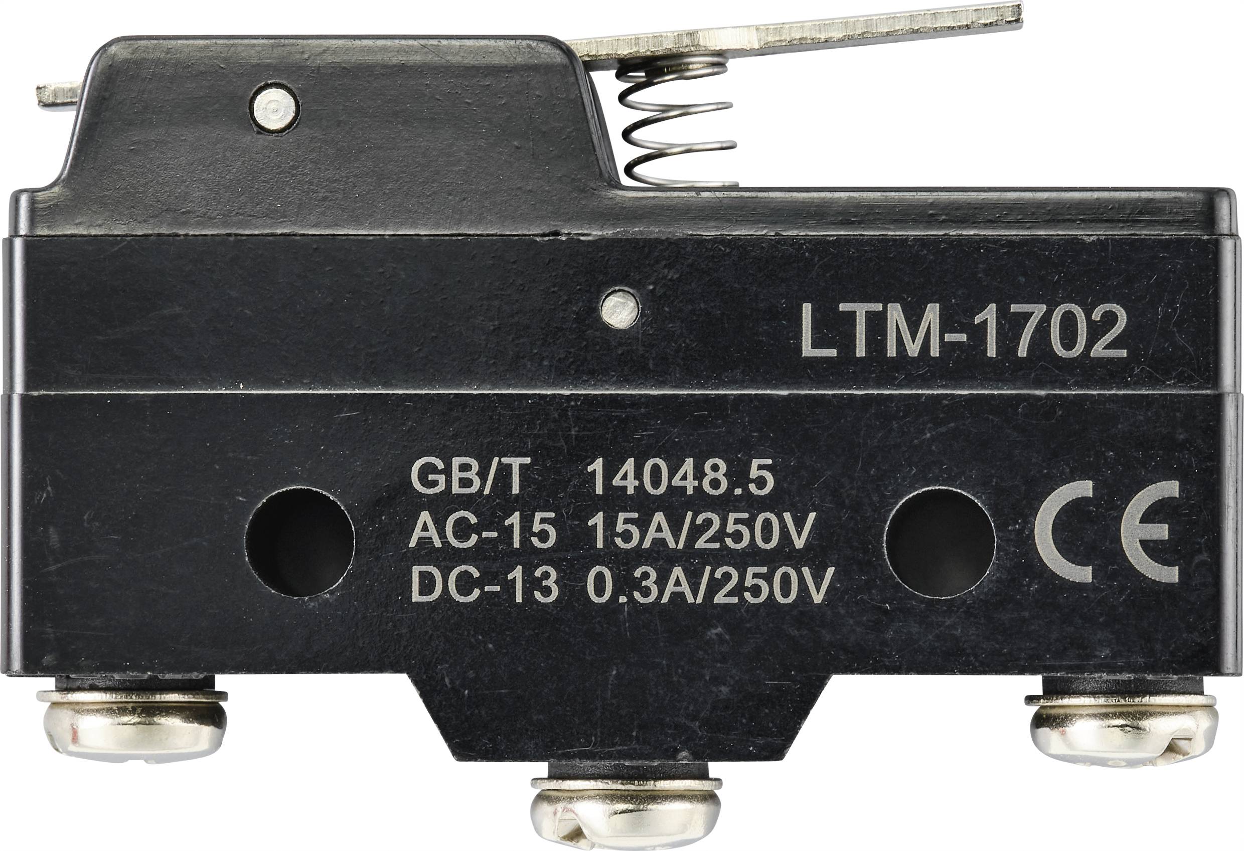 Micro switch in black with model number 'LTM-1702'. Technical specifications: AC-15 15A/250V, DC-13 0.3A/250V. CE certification.