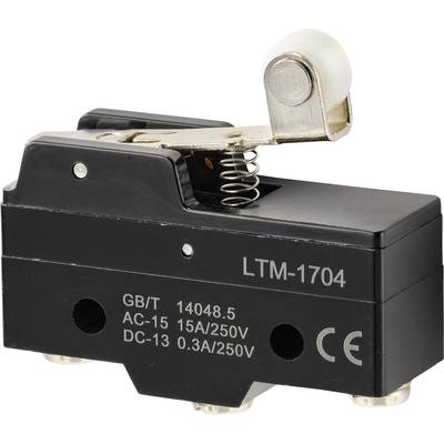 'Black micro switch LTM-1704 with lever and spring, marking: GB/T 14048.5, AC-15 15A/250V, DC-13 0.3A/250V, CE marking.'