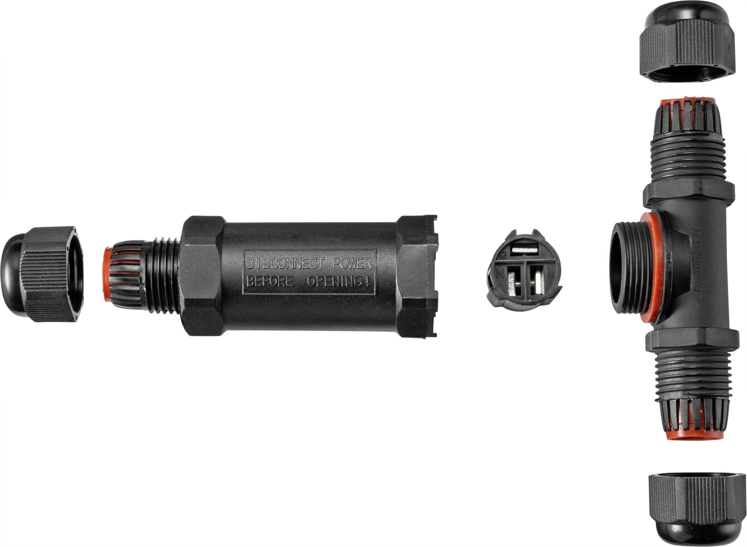 Electrical cable connector in a dismantled state. Individual parts visible: housing, connection terminals, seals, end caps. Suitable for secure cable connection in outdoor areas.