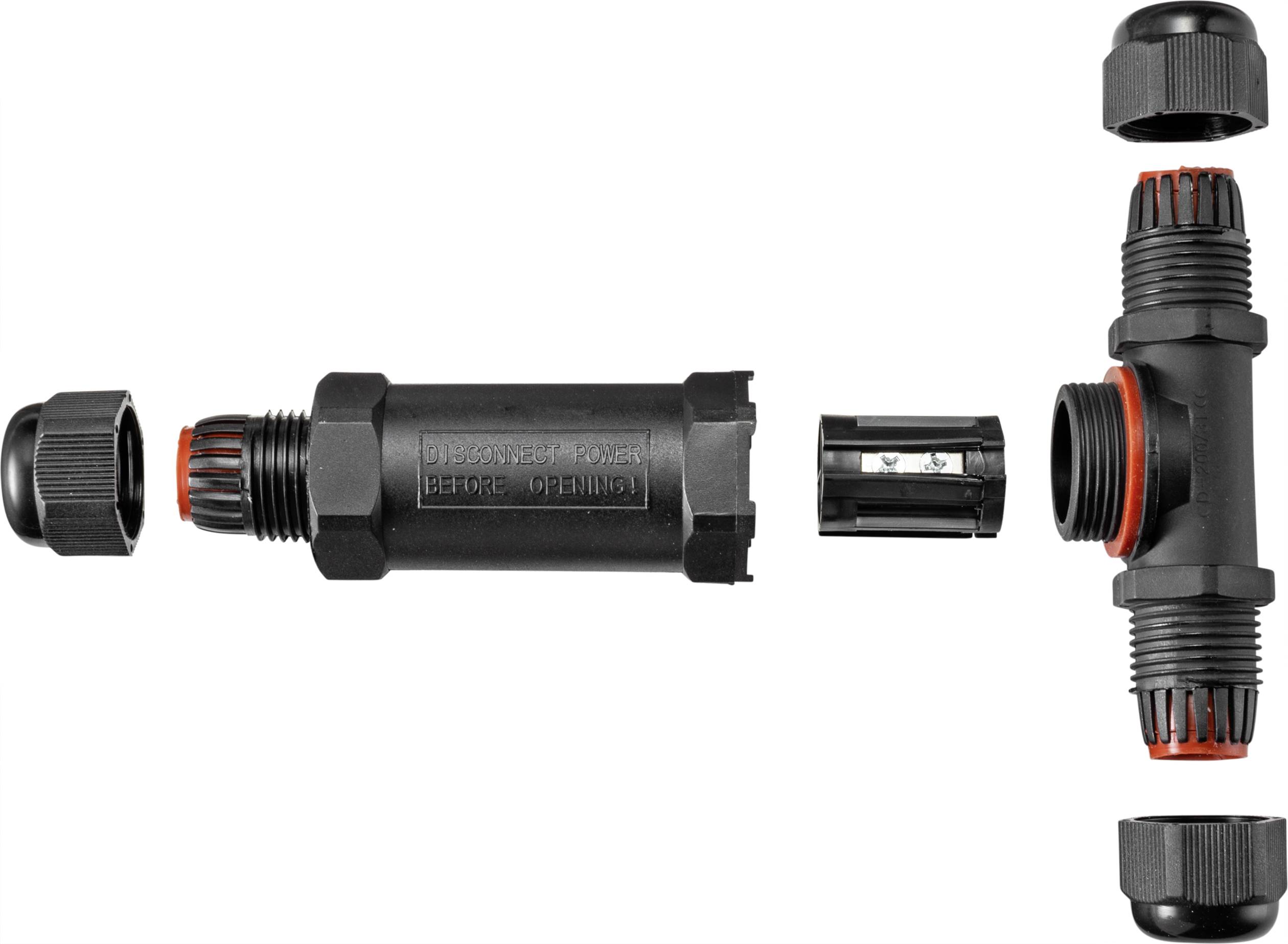 Disassembled black T-shaped cable connector with red seals, suitable for waterproof electrical connections in outdoor environments.