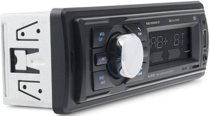Car radio with rotary knob, display, and buttons for mode and band. Displays 'AUX IN BT'. Mounting frame visible on the left.