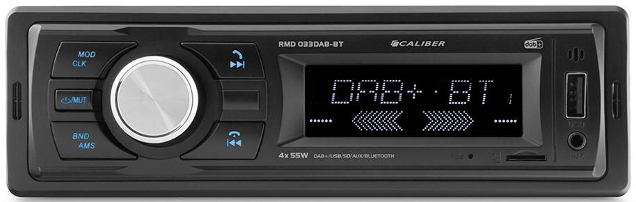 Car radio with digital display showing 'DAB+ BT', with control buttons and USB port on the right, left rotary dial for volume.