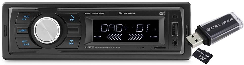Car radio with integrated display showing 'DAB+ BT'. Compatible with USB stick and microSD card. Controls positioned on the left-hand side.