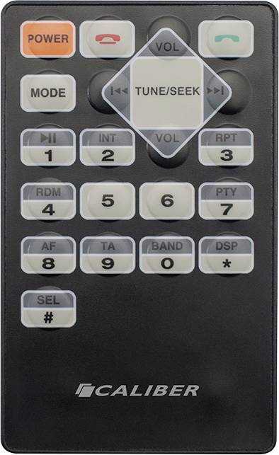 The image shows a black remote control with buttons for Power, Volume, Mode, Playback, and Channel Search, branded "Caliber".