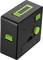 Black, rectangular camera with green control elements, including a shutter button, a reset button, and a dial on the side.