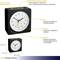'LOOM Analogue Alarm Clock' with analogue time display, wake alarm, backlight and alarm slide switch. Dimensions: 81x81x42 mm.