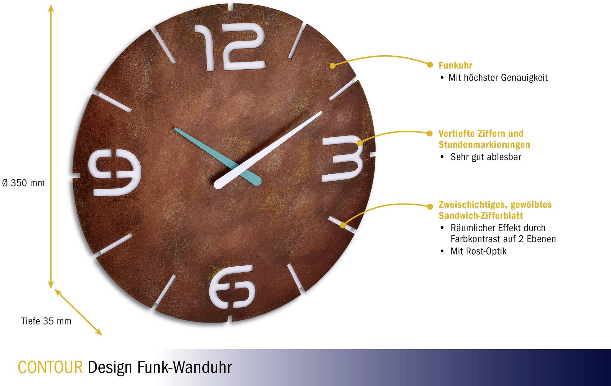 A brown radio-controlled wall clock displays the time using Arabic numerals. The text highlights features such as supreme accuracy and excellent readability.