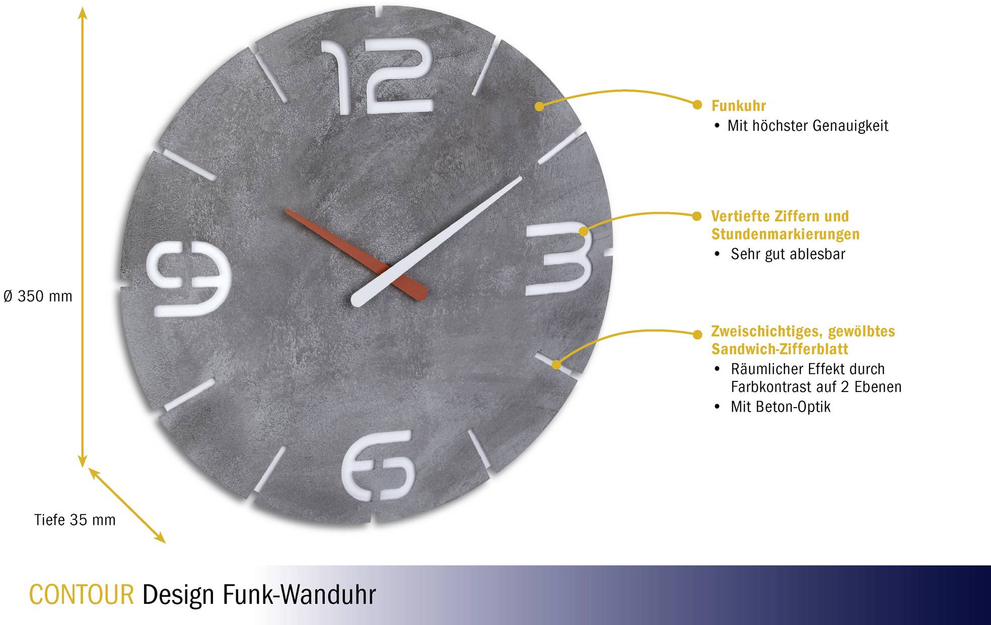 A round radio-controlled wall clock with a concrete-effect finish. It features recessed digits and has a two-sided, curved sandwich dial structure.