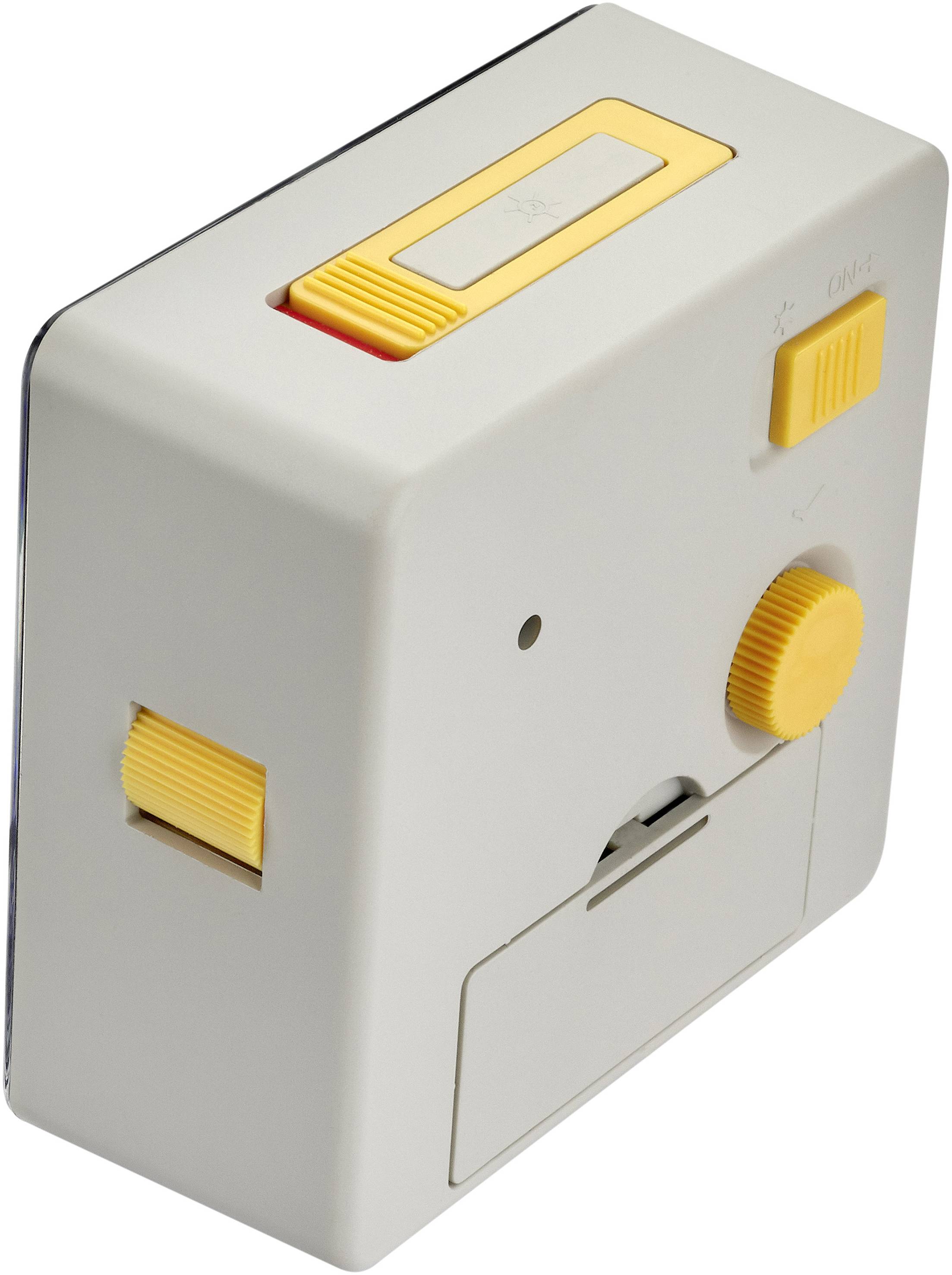 A grey, rectangular cassette recorder with yellow buttons and switches.
