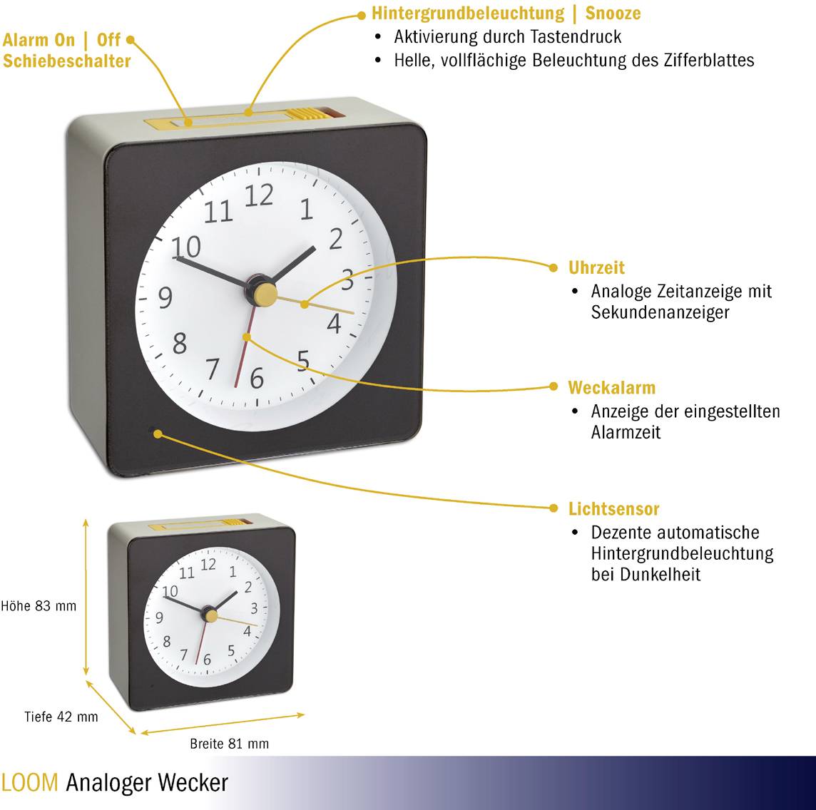 'LOOM Analogue Alarm Clock' with analogue time display, alarm function, backlight activated by button press, snooze feature.