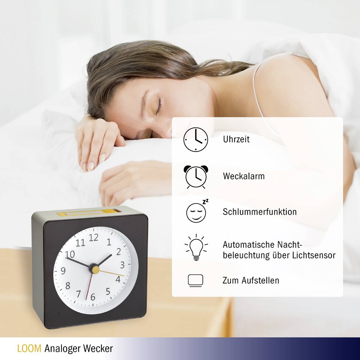 A woman is sleeping, with an analogue alarm clock beside her. Text next to it reads: 'Alarm time, Clock time, Snooze function, Light sensor'.