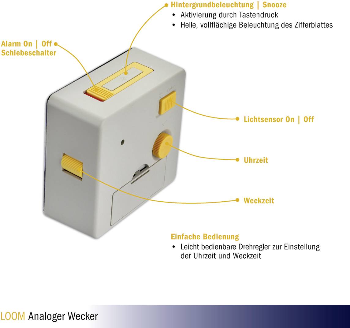The back of an analogue alarm clock with labels for alarm, light switch, time, and wake-up time.