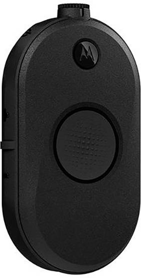 A black, oval Motorola walkie-talkie device with a central button and a rotary knob on top.