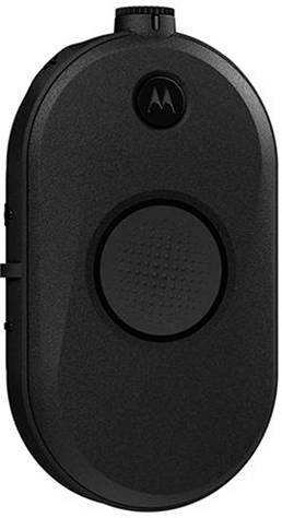 A black, oval communication device with a central button. It features the Motorola logo at the top and has a compact design.