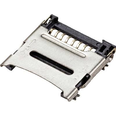 Metallic SIM card holder, opened, showing internal contacts. Design for securely mounting a SIM card in an electronic device.