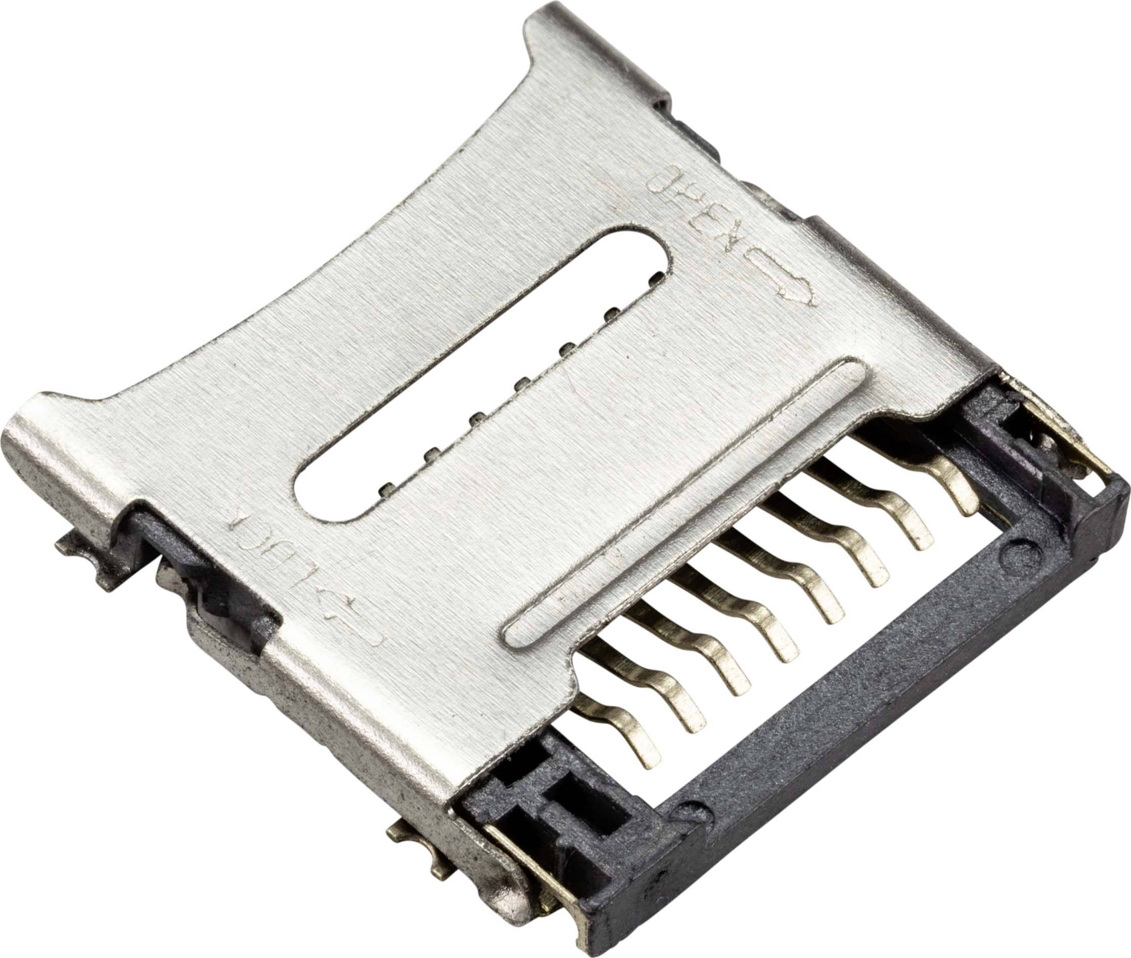 Metal mounting bracket for a SIM card with multiple contacts and an elongated slot for positioning the card.