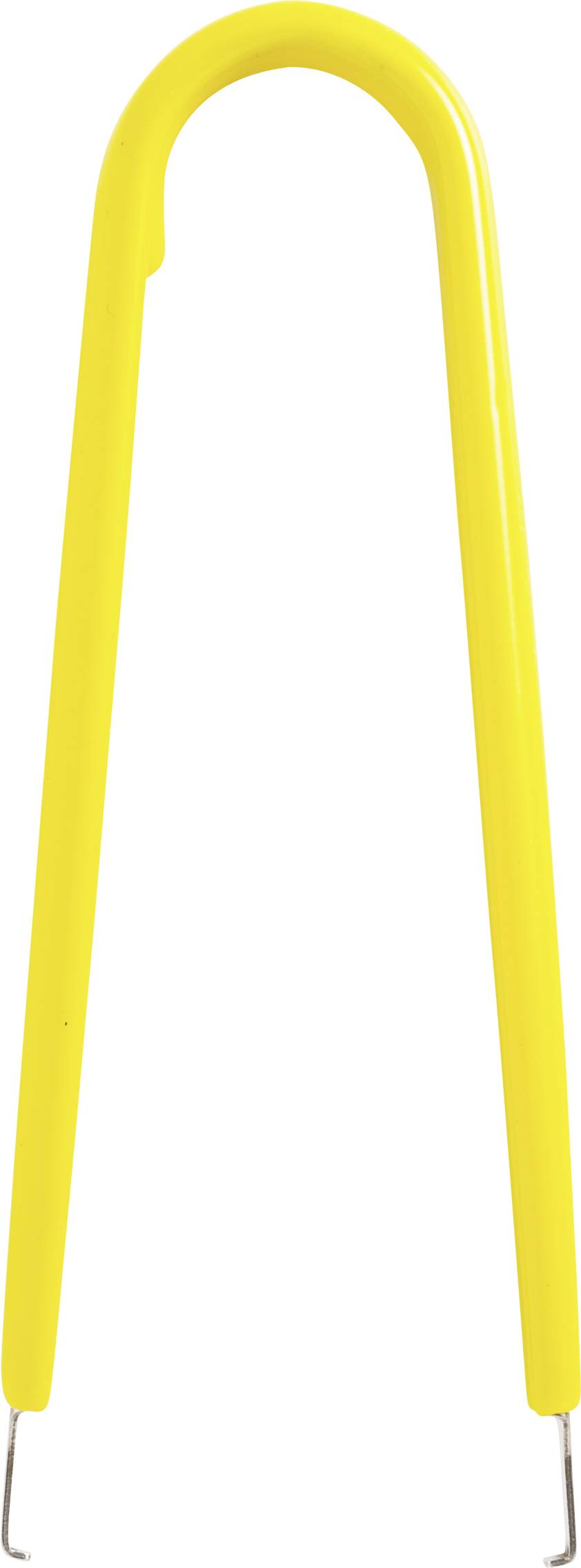 A yellow, U-shaped plastic tool with metal tips at both ends, presumably a removal tool for safety pins.