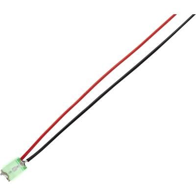 Two coloured electrical wires terminate at a small, green connector.
