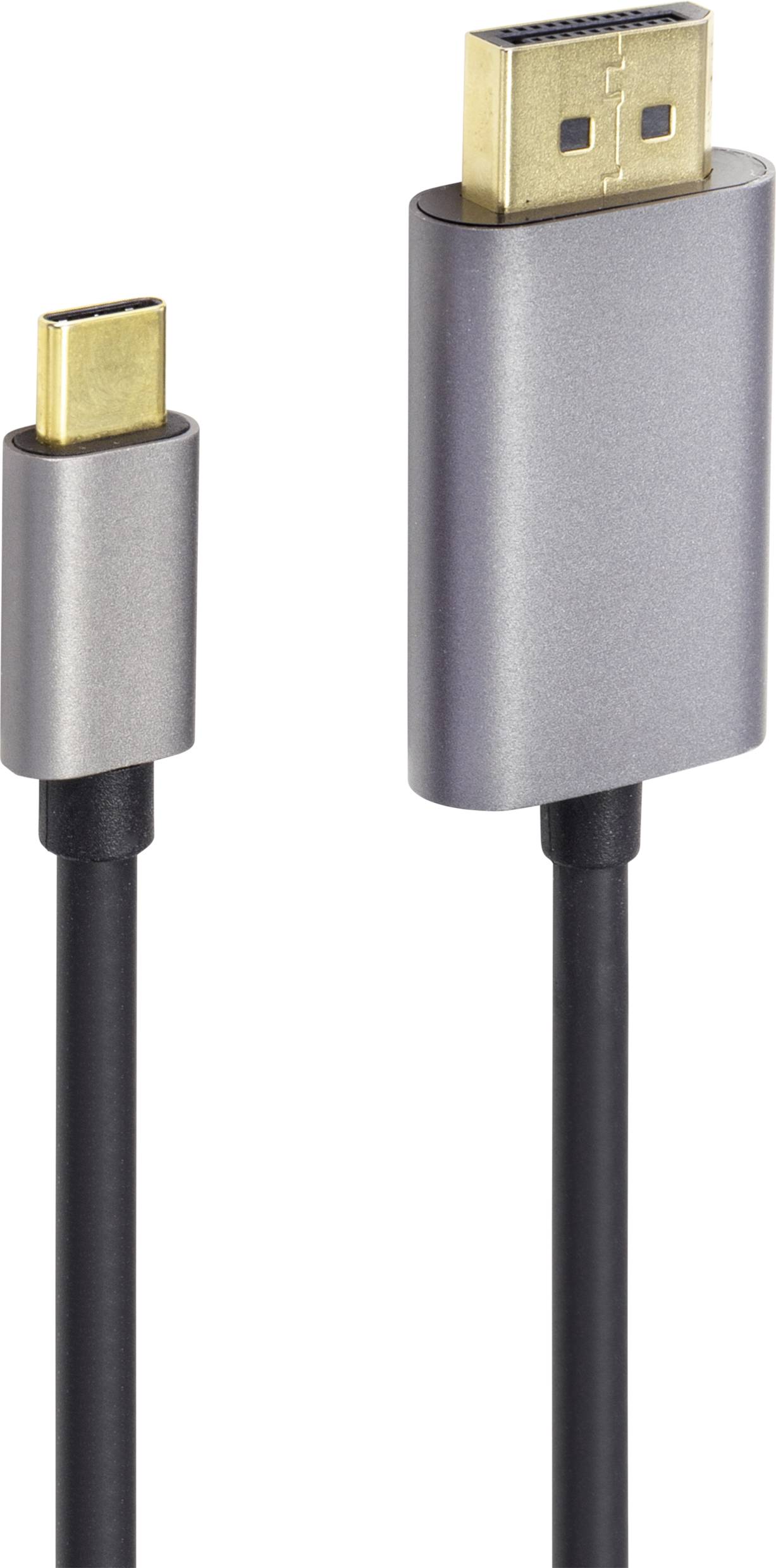 Two cable connections: On the left, a USB-C plug, on the right, a DisplayPort plug. Both are grey with black cables.
