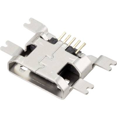 Metallic USB connector with four golden pins and side mounting elements. Used for electronic connections.
