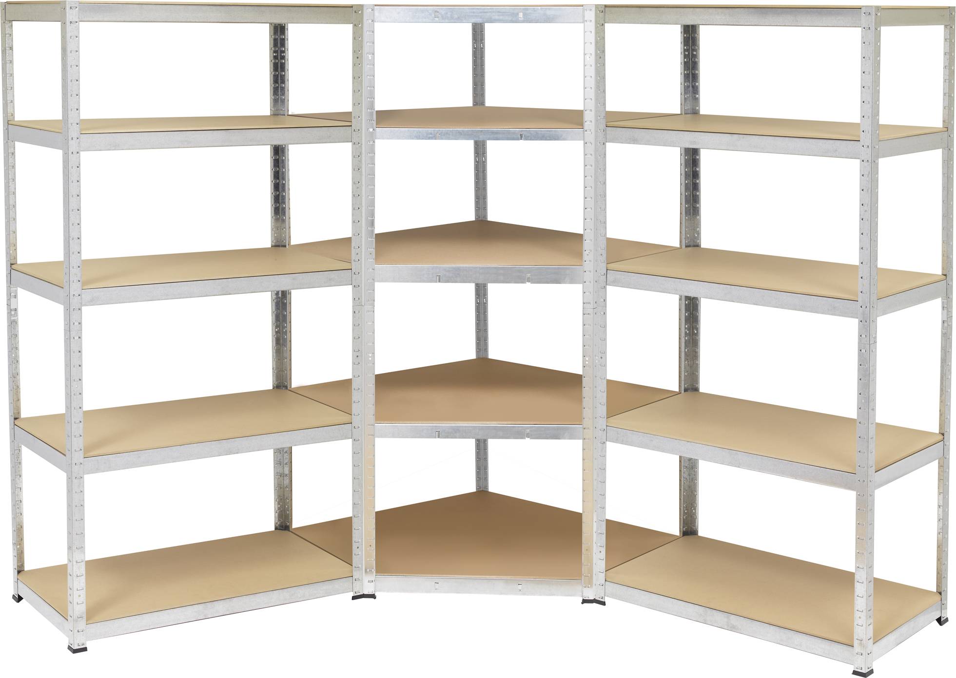 L-shaped metal shelving unit with five tiers, suitable for corners, made of grey metal and brown wood. Perfect for storage in corner spaces.