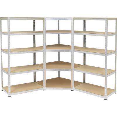 L-shaped metal shelving unit with five tiers, suitable for corners, made of grey metal and brown wood. Perfect for storage in corner spaces.