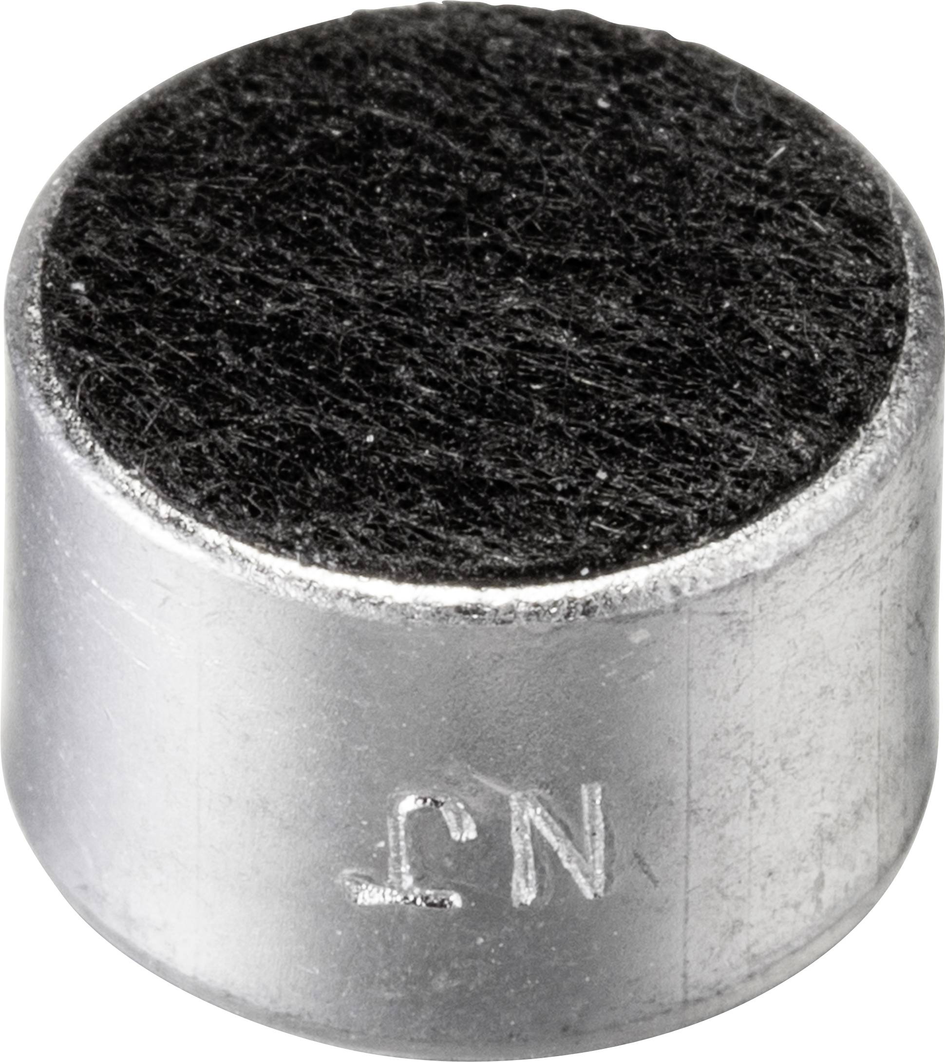A round, metallic electret condenser microphone capsule with a black mesh on top, used for sound recording in devices.