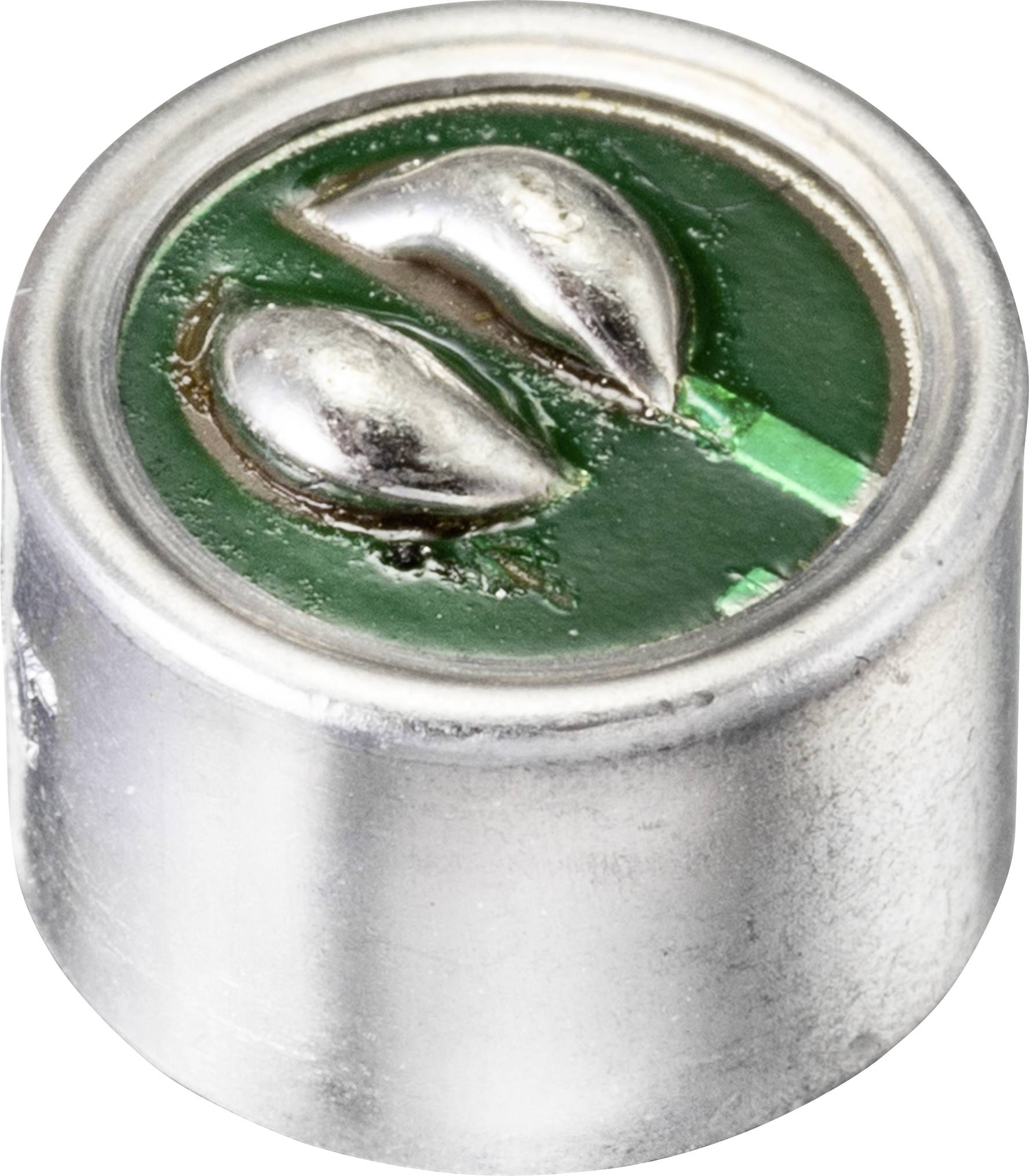 'Close-up of a small, round microchip with a metallic surface and green interior featuring two silver domes.'