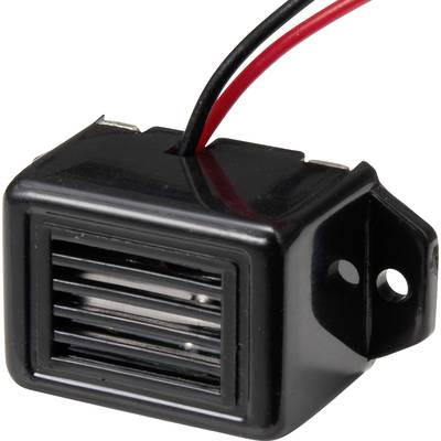 Black, rectangular electronic signal generator with two cables, one red, one black. Used for acoustic signals in devices.