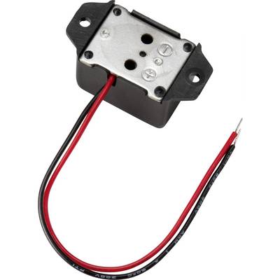 'An electrical transformer with two cables, red and black, for power connections. It has a metal front plate and mounting holes.'