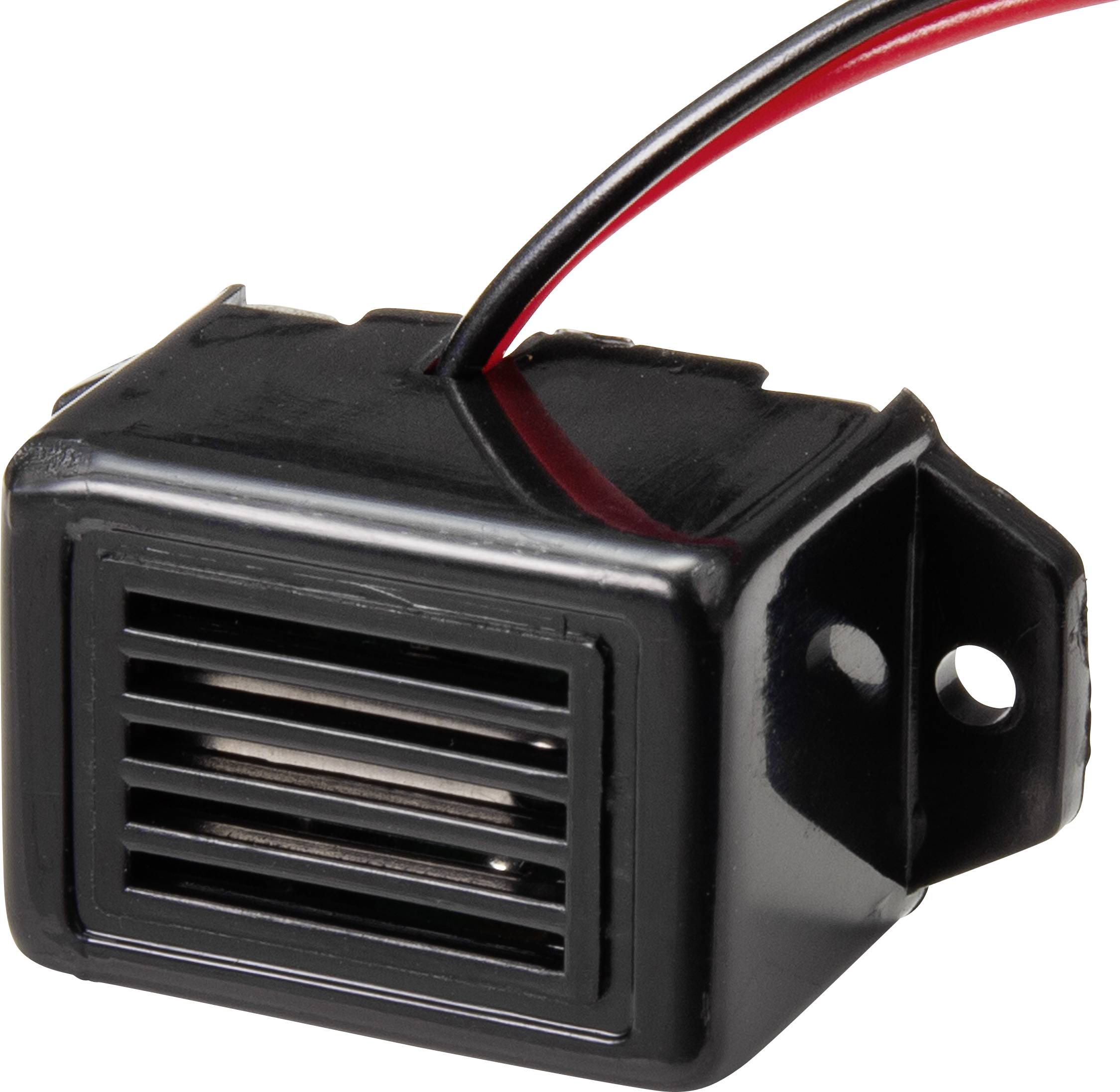 A small, black speaker with red and black cables, attached to an enclosure with ventilation slots.