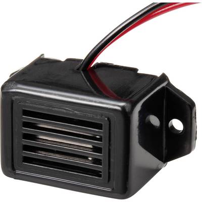 A small, black speaker with red and black cables, attached to an enclosure with ventilation slots.