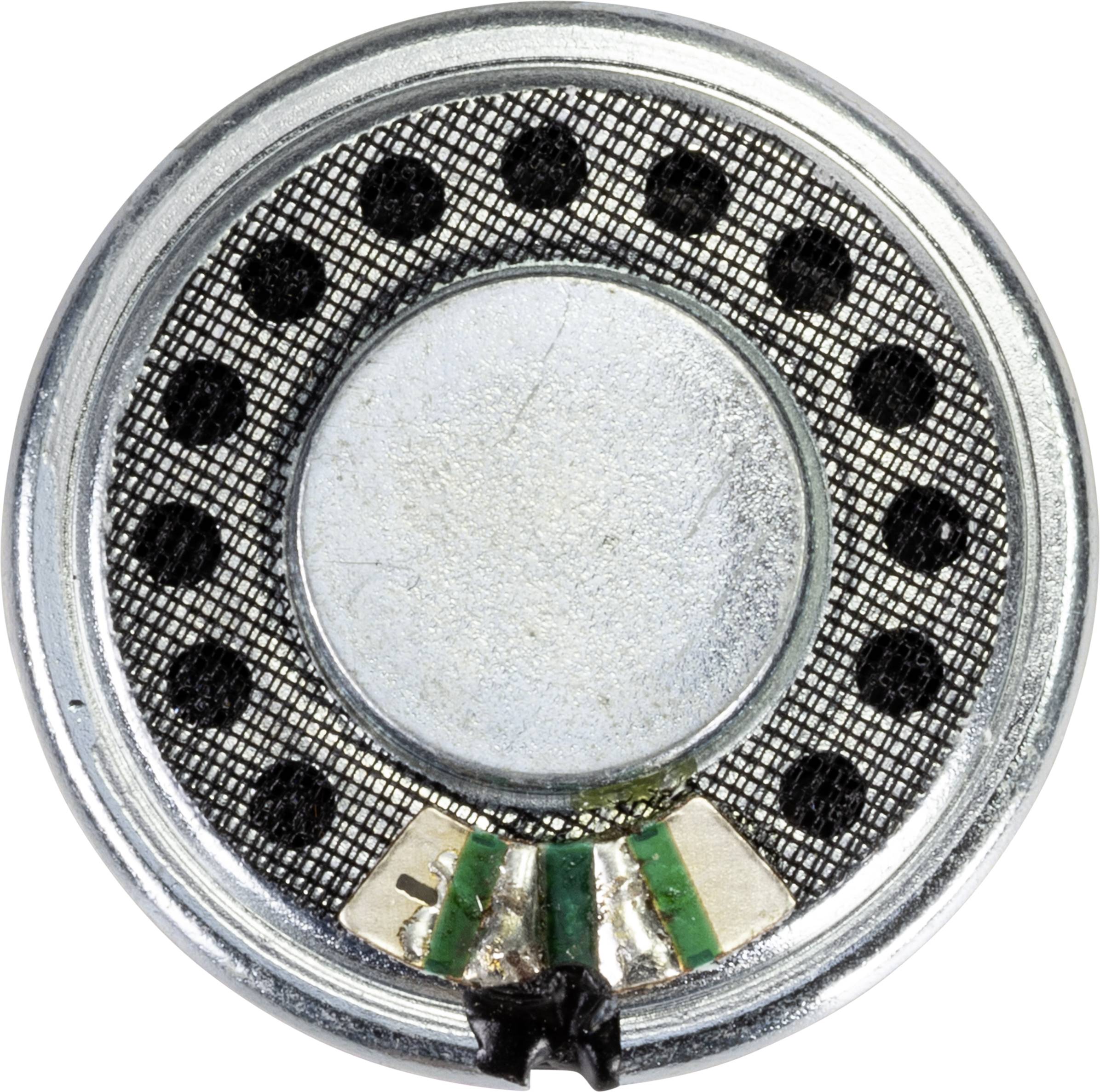 A small, round speaker in silver colour with black dots and green elements, used in compact electronic devices.