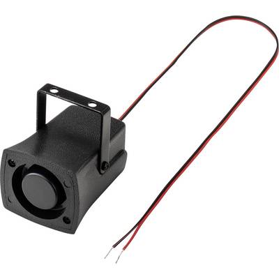 Black electric buzzer with two red and black wires, suitable for acoustic alarm systems.
