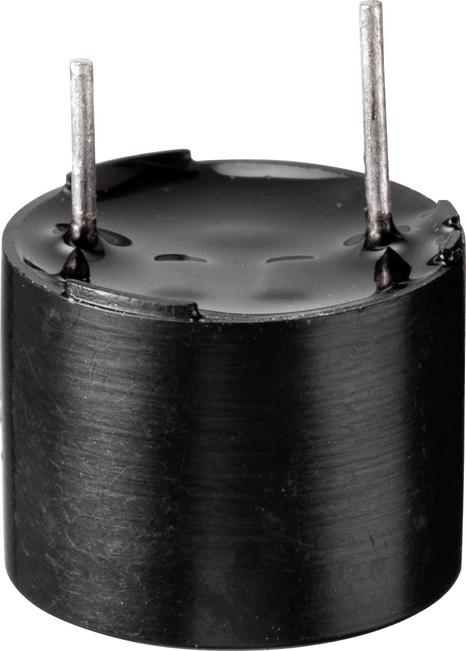 A small, black cylindrical piezo sounder with two metal terminals on top. Primarily used for acoustic signalling.