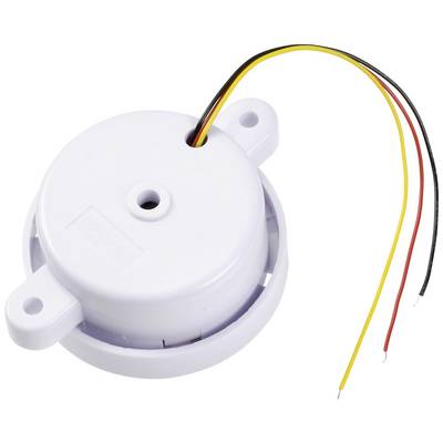 A round, white electric buzzer with three coloured wires (yellow, red, black) for connection.