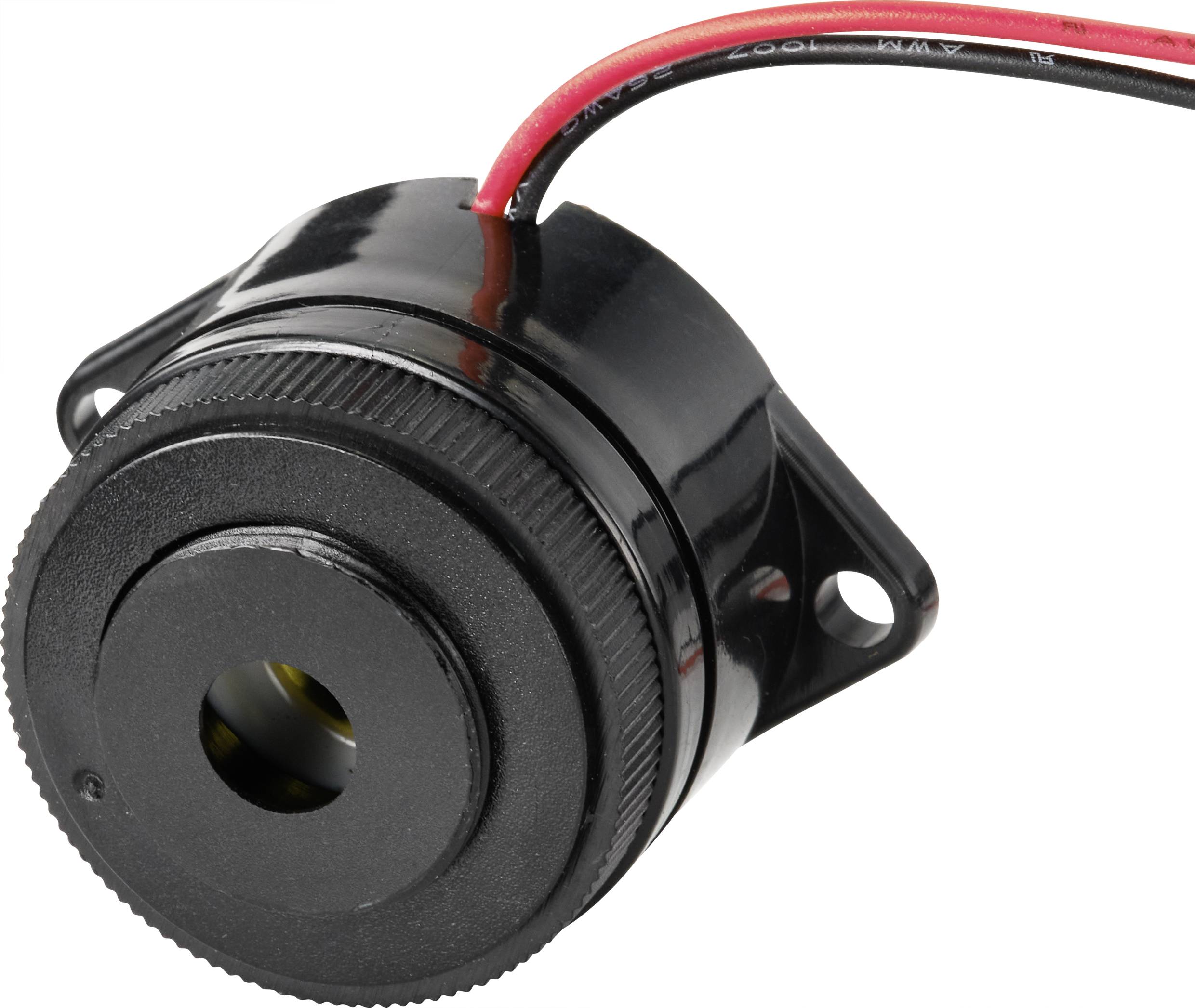 Close-up of a black mini-speaker with two connection wires, red and black, protruding from the top surface. Suitable for electronic applications.