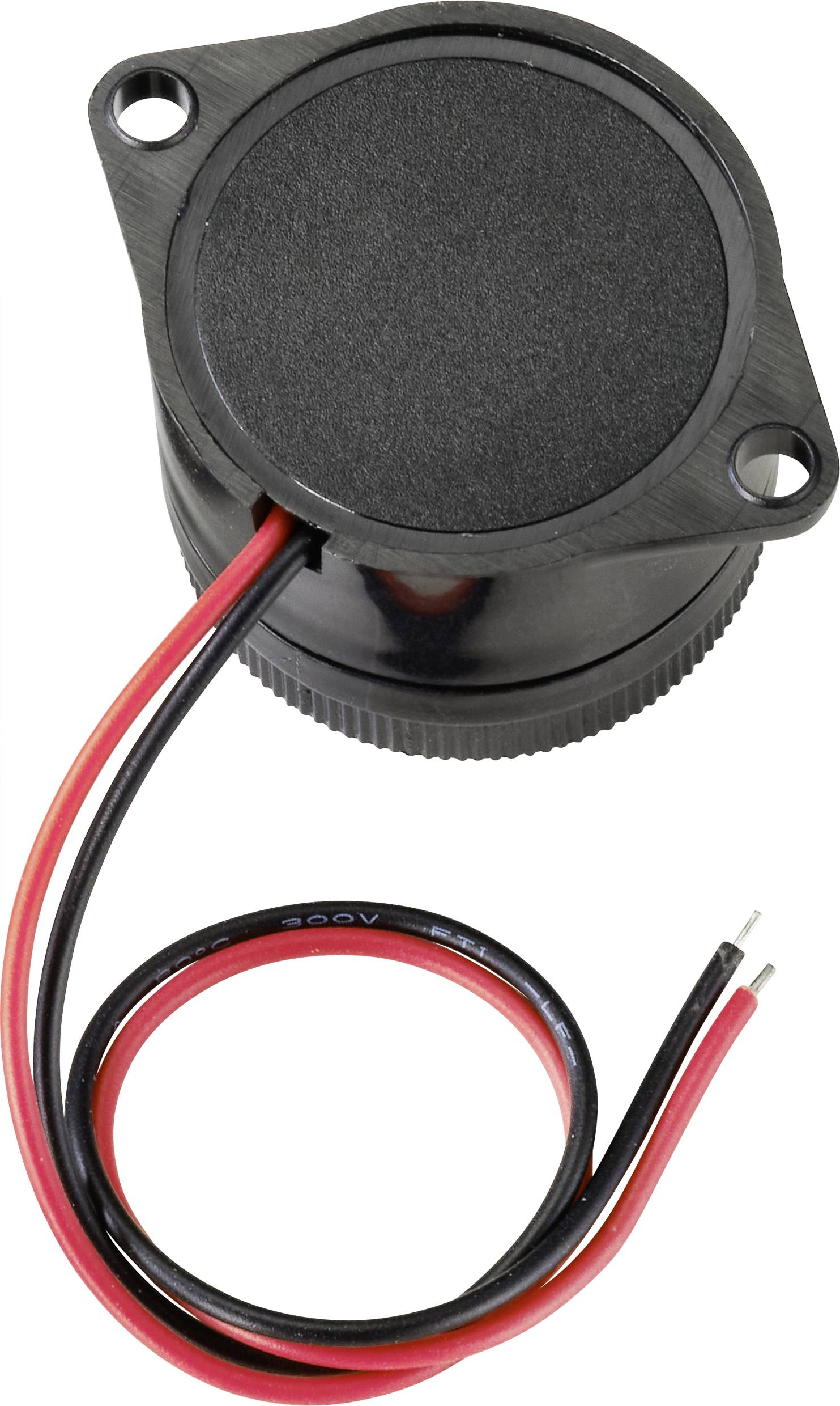A round speaker with a black casing and two protruding cables in red and black.