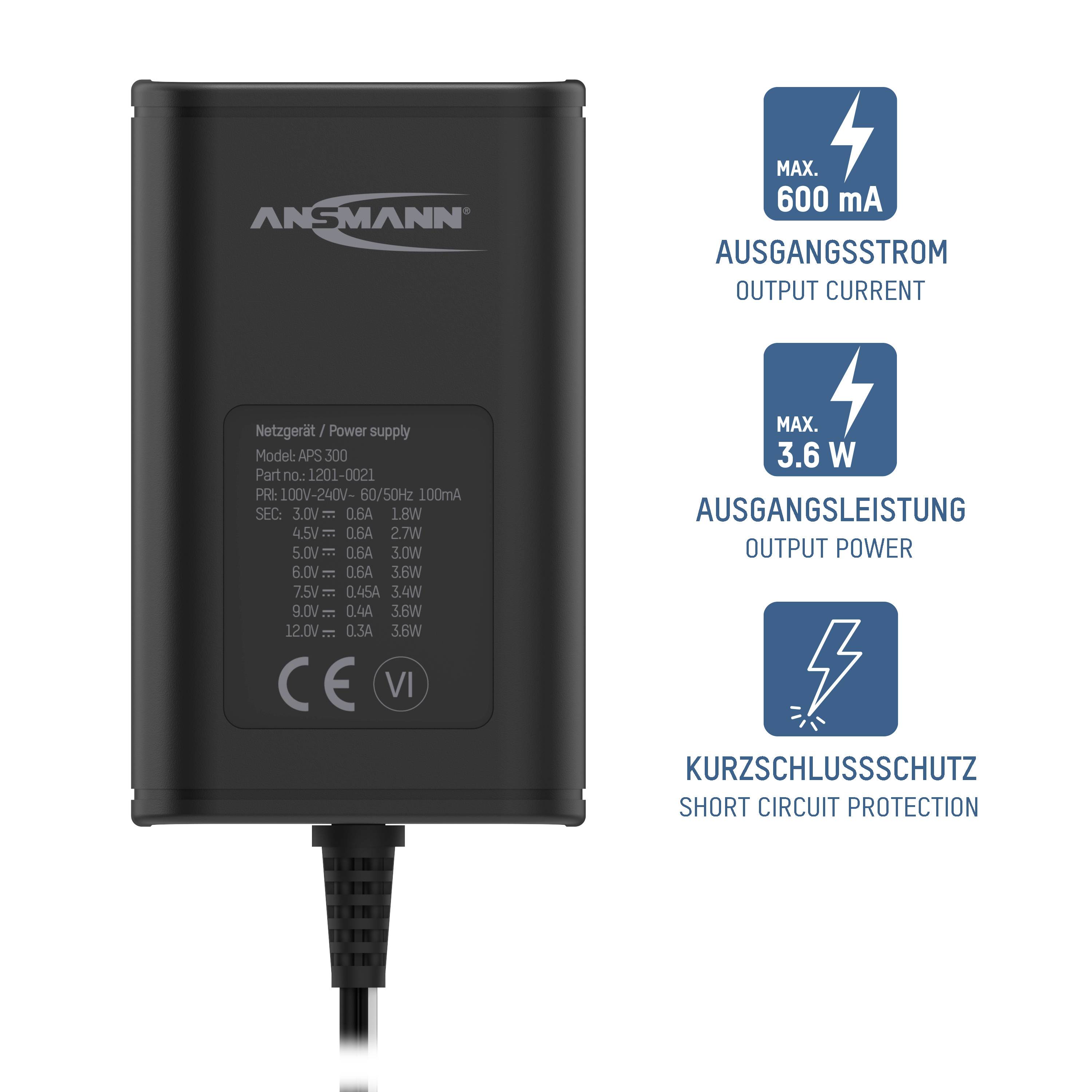 Black power supply with Ansmann logo. On the right are symbols for 'Max. 600 mA output current', '3.6 W output power', 'short-circuit protection'.