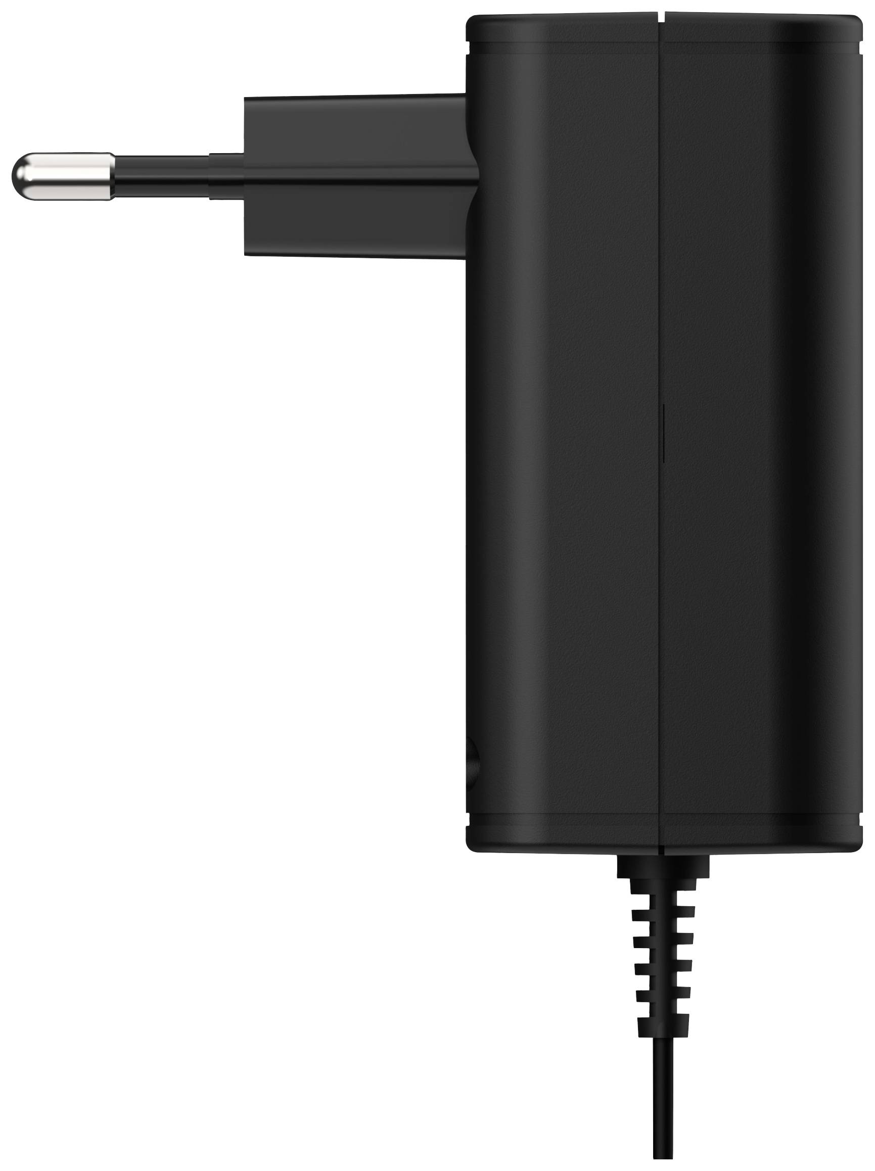 'Black wall-mounted charger with plug and cable, side view.'