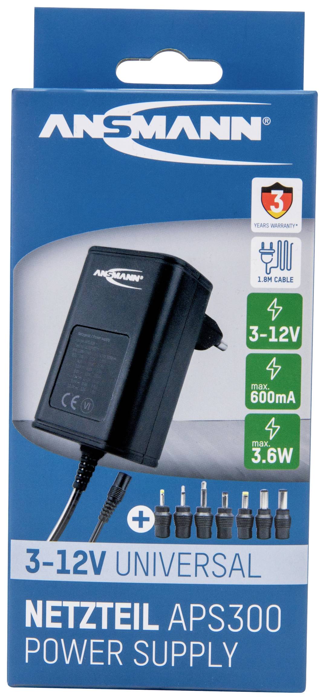 Box containing Ansmann APS300 power supply, 3-12V, 600mA, including cable and seven adapters, with 3-year warranty highlighted.
