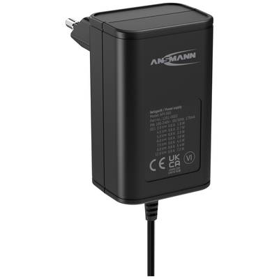 'Black power supply with plug, brand Ansmann, model APS 300, shows technical specifications such as output power and certifications.'