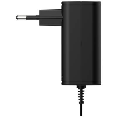 Black power adapter with European plug and connected cable, side view.