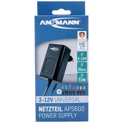 'APS600 Universal Power Supply' on packaging. Voltage range 3-12V, Max. 600mA, 7.2W. Includes six different adapter plugs.