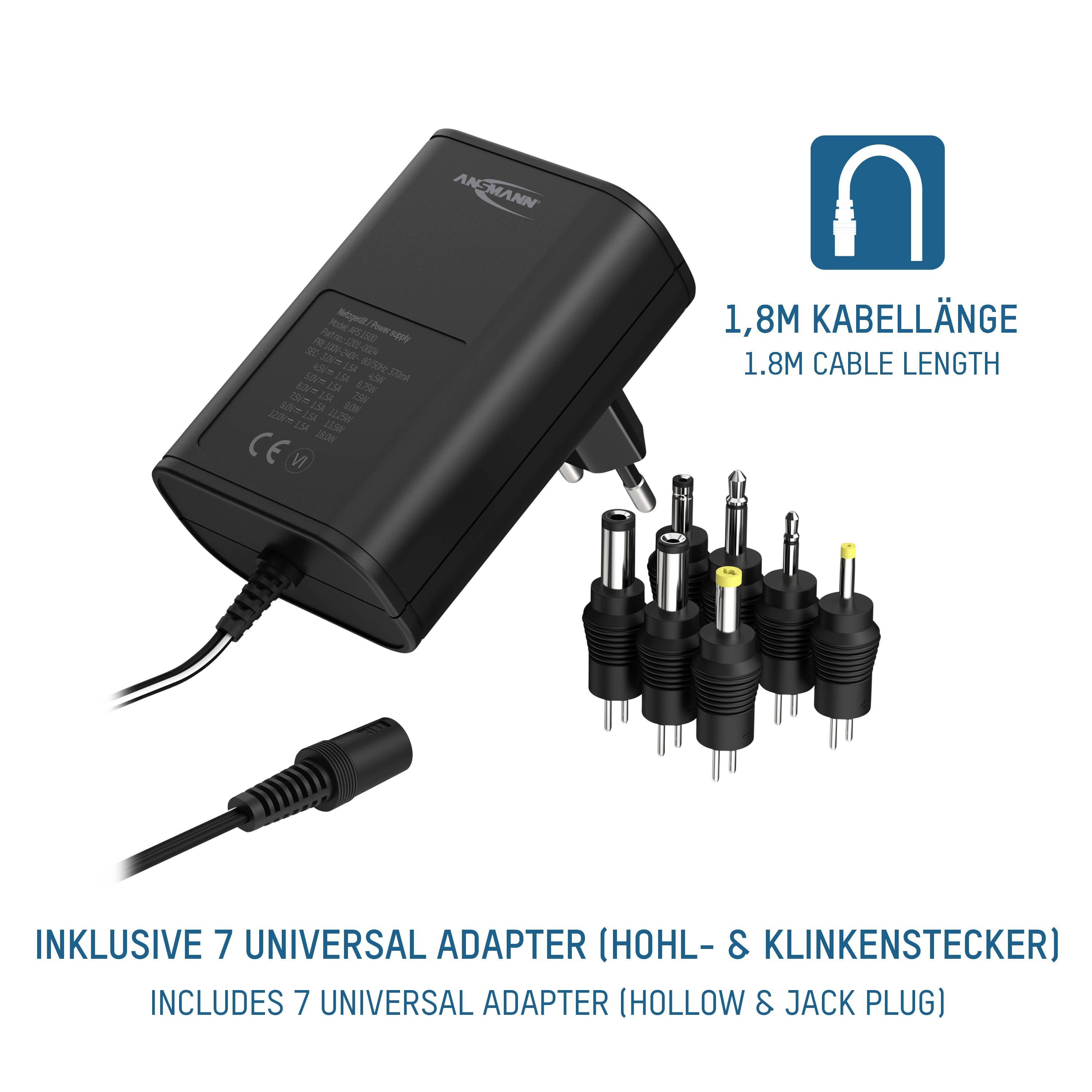 Black power adapter set with seven interchangeable plugs, suitable for various connection types. Cable length: 1.8 m.