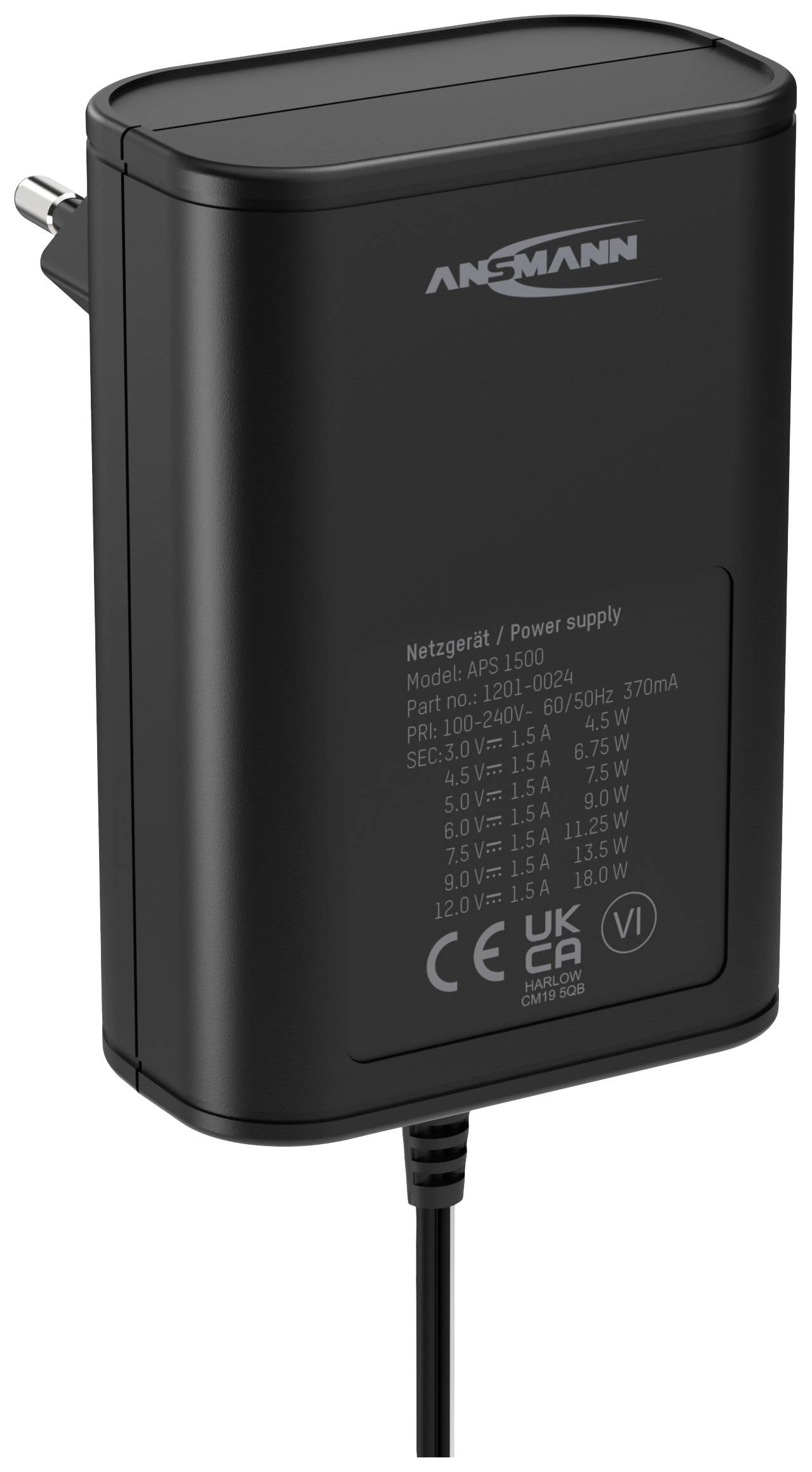 Black power supply with model number APS 1000, with multiple output voltages and current ratings. CE and UKCA marking visible.