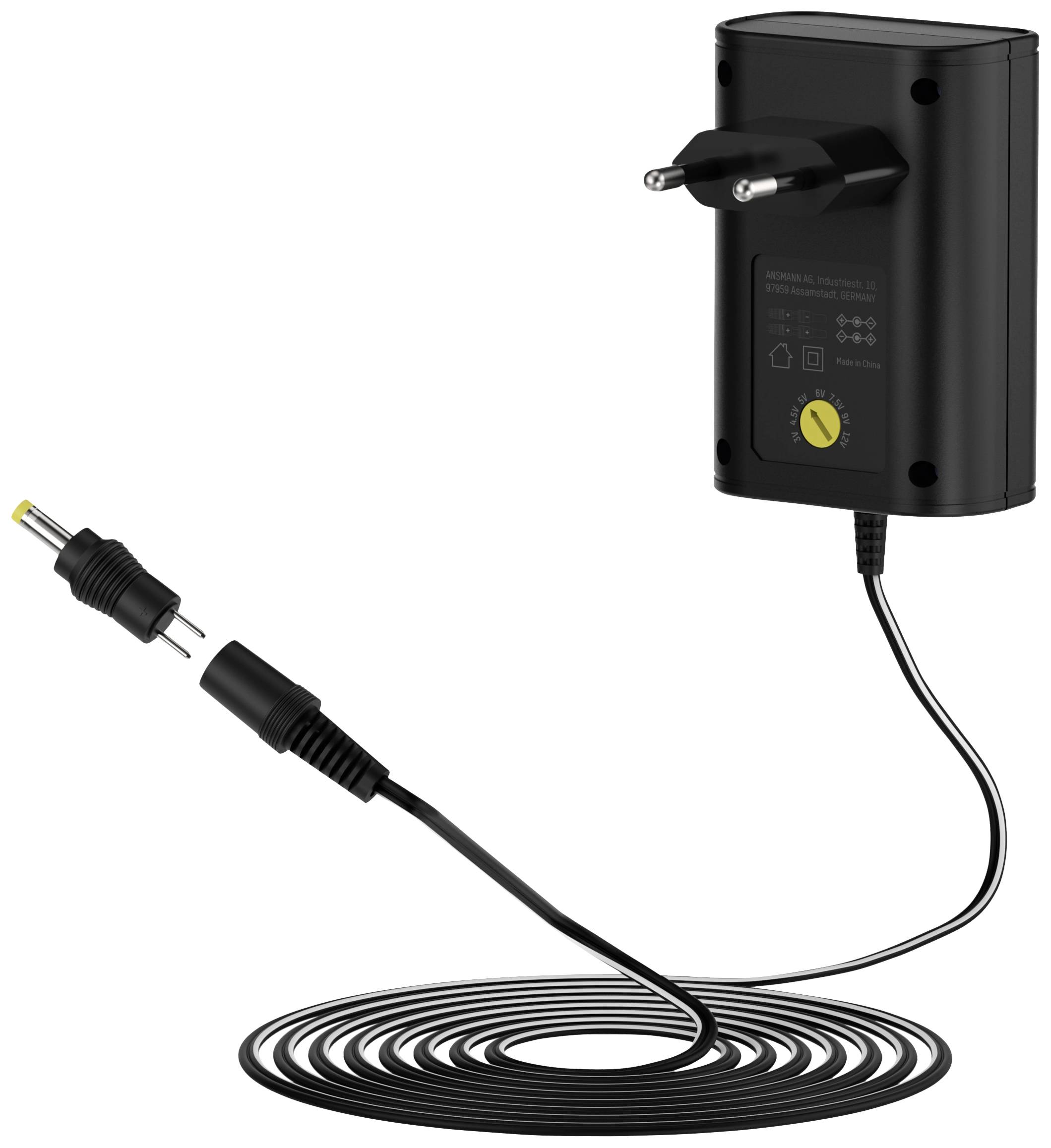 A black charger with a plug cable and an interchangeable plug adapter.