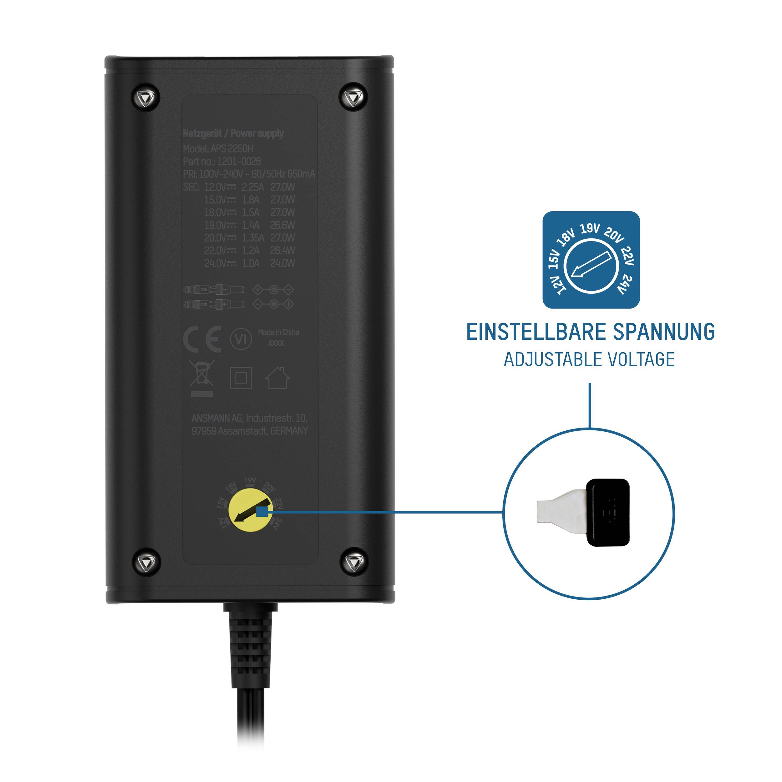 Black power supply with adjustable voltage between 15V and 24V, illustrated by blue-highlighted voltage setting.