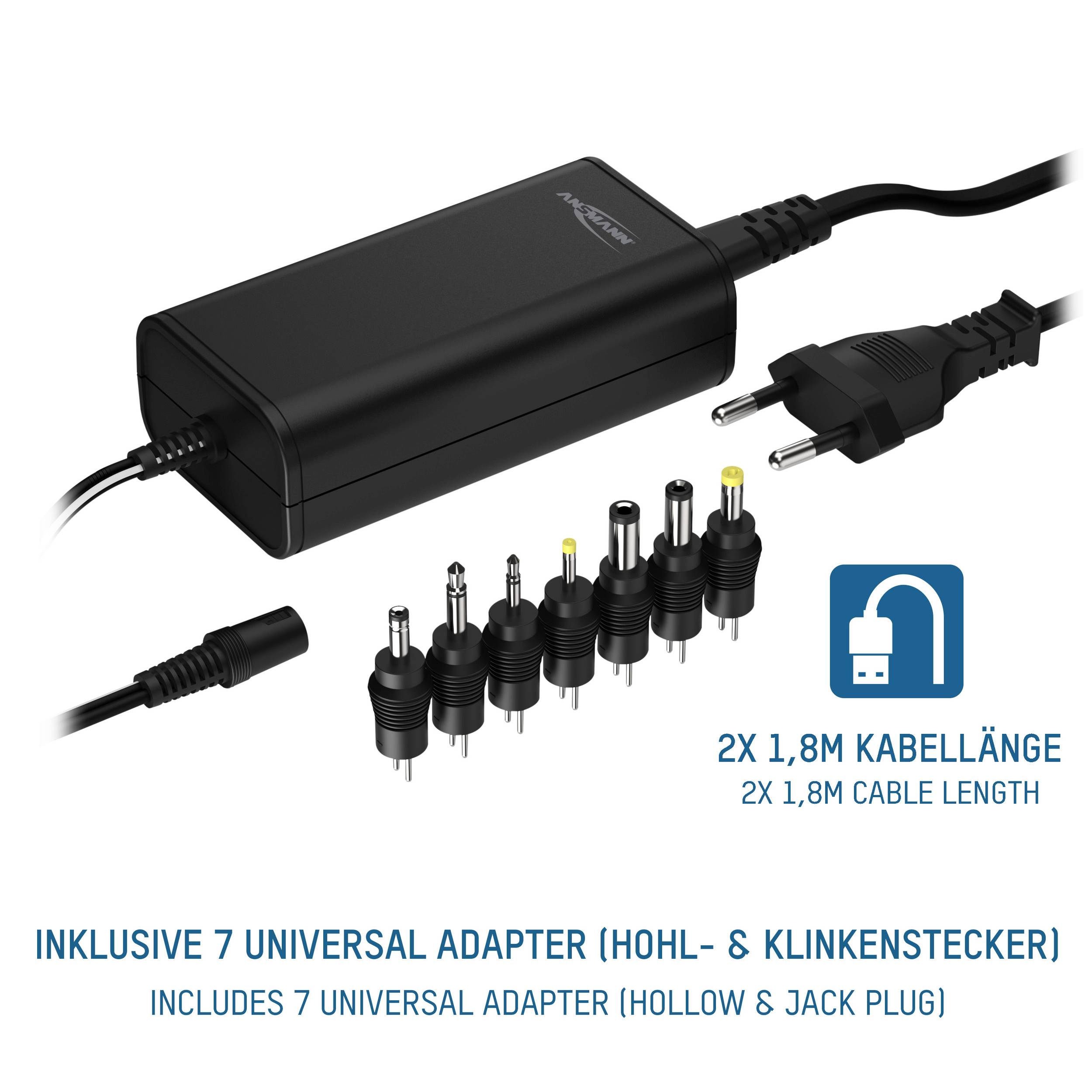 Black power supply with seven different adapters. Text: '2x 1.8m cable length'. Adapters for various device connections.