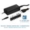 Black power supply with seven different adapters. Text: '2x 1.8m cable length'. Adapters for various device connections.